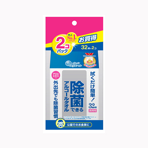 大王製紙 エリエール除菌アルコールタオル携帯用３２枚×２個　 家庭紙 ウェットティッシュ 除菌ウェットシート 除菌剤  日用品 ペーパー類医療品・衛生用品 携帯用ウェットティッシュ