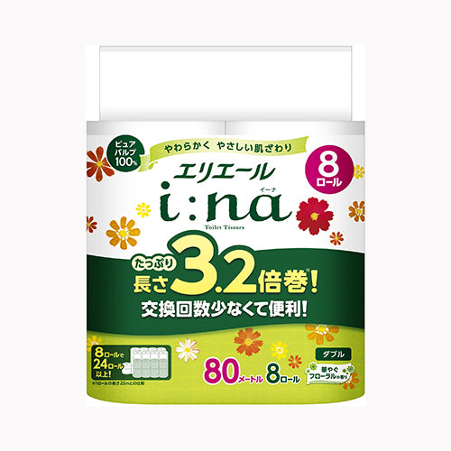 大王製紙 エリエールｉ：ｎａ（イーナ）トイレット３．２倍巻８Ｒ（ダブル） 家庭紙  トイレットペーパー