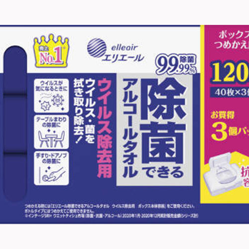 大王製紙 エリエール除菌できるアルコールタオルウイルス除去用ボックスつめかえ用４０枚×３Ｐ 家庭紙 ウェットティッシュ 除菌ウェットシート 除菌剤  医療品・衛生用品 日用品ペーパー類 ウェットティッシュ