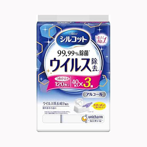 ユニ・チャーム シルコットノロクリアウェット除菌詰替え４０枚×３　 家庭紙 ウェットティッシュ