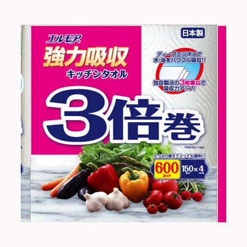 カミ商事 エルモア　強力吸収キッチンタオル　３倍巻　４ロール　３枚重ね×１５０カット 家庭紙  キッチンタオル