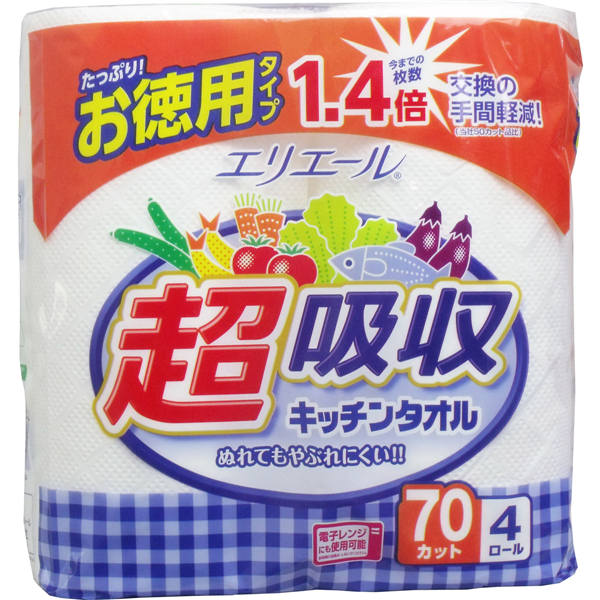 【送料無料】大王製紙 エリエール 超吸収キッチンタオル 70カット×4ロール入JANCODE4902011724028